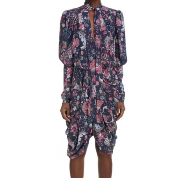 Isabel Marant Batoa Dress Navy Pink Floral Silk Crepe Long Sleeved Neck Tie NWOT - Picture 5 of 16